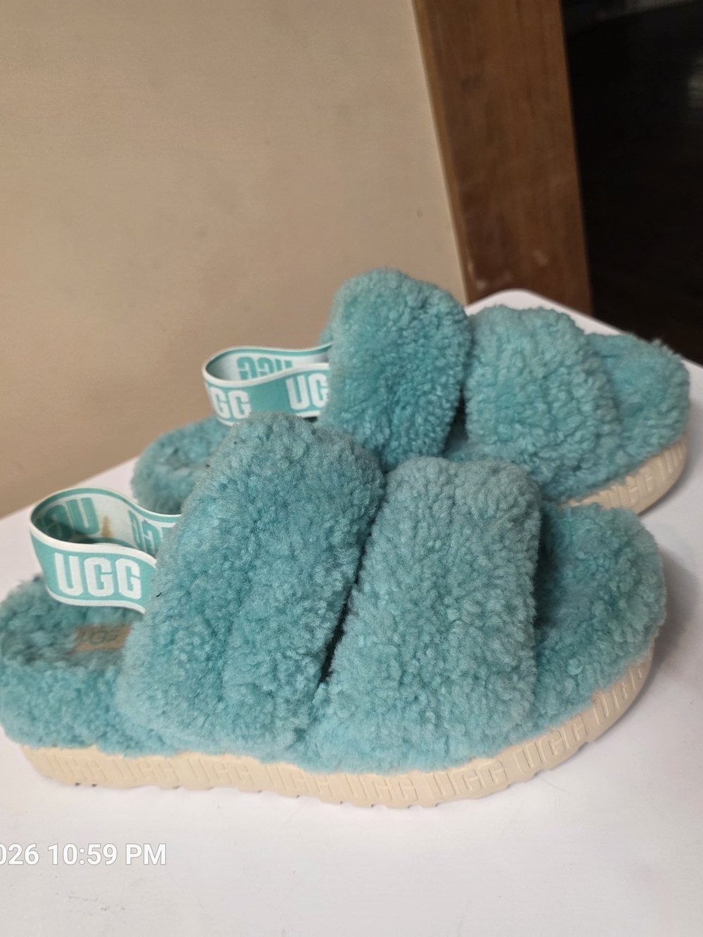 UGG Oh Fluffita Splash Blue Teal Shearling 2.5" Platform Slides
